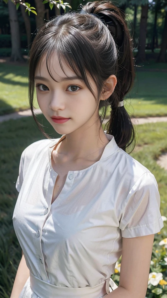 collared dress,european city park,On the lawn,One woman,masutepiece, The highest image quality, High quality, the background is clear,Beautiful woman, Japanese,Ultra-detailed, finely detail, hight resolution, 8K Wallpaper, Perfect dynamic composition, Beautiful detailed eyes , Detailed, Detailed eyes, Detailed skin, Beautiful skin, 超hight resolution, (reality: 1.4),Very beautiful woman, Slightly younger face, Beautiful skin, slender, (Ultra photo realsisim), (hight resolution), (8K), (Very detailed) (beautifully detailed eyes), (super detailed), (Detailed face), view the viewer, Fine details, Detailed face, Staring straight ahead, Staring straight ahead, photos realistic, Bright lighting, Professional Lighting, Black hair,poneyTail,a baby face,sixteen years old,Hairstyle: ponytail,Long ponytail hairstyle,slight smile,neat and tidy clothing,Beautiful Japanese KPOP idol photo, hair style is ponytail, my eyes are double and wide, baby face, smile and look straight ahead, slender, small breasts,Close up face,
