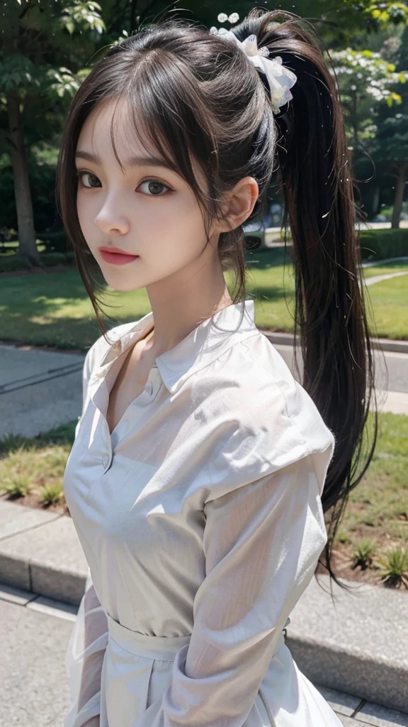collared dress,european city park,On the lawn,One woman,masutepiece, The highest image quality, High quality, the background is clear,Beautiful woman, Japanese,Ultra-detailed, finely detail, hight resolution, 8K Wallpaper, Perfect dynamic composition, Beautiful detailed eyes , Detailed, Detailed eyes, Detailed skin, Beautiful skin, 超hight resolution, (reality: 1.4),Very beautiful woman, Slightly younger face, Beautiful skin, slender, (Ultra photo realsisim), (hight resolution), (8K), (Very detailed) (beautifully detailed eyes), (super detailed), (Detailed face), view the viewer, Fine details, Detailed face, Staring straight ahead, Staring straight ahead, photos realistic, Bright lighting, Professional Lighting, Black hair,poneyTail,a baby face,sixteen years old,Hairstyle: ponytail,Long ponytail hairstyle,slight smile,neat and tidy clothing,Beautiful Japanese KPOP idol photo, hair style is ponytail, my eyes are double and wide, baby face, smile and look straight ahead, slender, small breasts,Close up face,