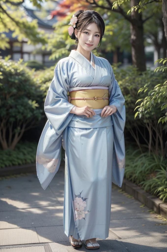(masterpiece, highest quality, Realistic, High resolution, photograph, :1.3), Sharp focus, 1 Cute Japanese mature woman, 40 years old, Hot Model, gentle face, Highly detailed eyes and pupils, Realistic Skin, ((Voluptuous body)), Neckline, Highly detailed hair, Delicate face, Sensual look, Bright lips, Chubby lips, Natural Lip, big thick thighs, ((kimono:1.5)), ((full body)), ((whole body shot:1.5)), looking at viewer, smile, ((from below)), (((Trendy hairstyles:1.2))), ((hair ornament:1.2)), autumn setting, autumn trees and leaves