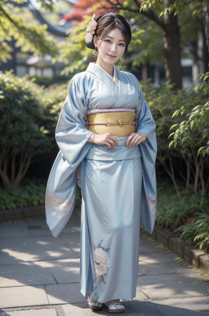 (masterpiece, highest quality, Realistic, High resolution, photograph, :1.3), Sharp focus, 1 Cute Japanese mature woman, 40 years old, Hot Model, gentle face, Highly detailed eyes and pupils, Realistic Skin, ((Voluptuous body)), Neckline, Highly detailed hair, Delicate face, Sensual look, Bright lips, Chubby lips, Natural Lip, big thick thighs, ((kimono:1.5)), ((full body)), ((whole body shot:1.5)), looking at viewer, smile, ((from below)), (((Trendy hairstyles:1.2))), ((hair ornament:1.2)), autumn setting, autumn trees and leaves