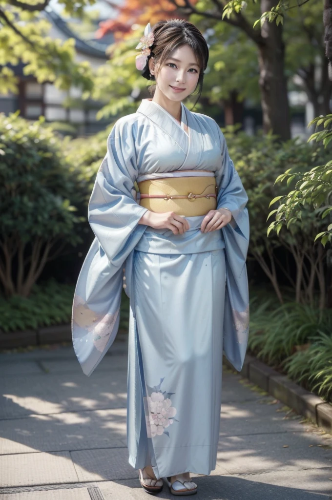(masterpiece, highest quality, Realistic, High resolution, photograph, :1.3), Sharp focus, 1 Cute Japanese mature woman, 40 years old, Hot Model, gentle face, Highly detailed eyes and pupils, Realistic Skin, ((Voluptuous body)), Neckline, Highly detailed hair, Delicate face, Sensual look, Bright lips, Chubby lips, Natural Lip, big thick thighs, ((kimono:1.5)), ((full body)), ((whole body shot:1.5)), looking at viewer, smile, ((from below)), (((Trendy hairstyles:1.2))), ((hair ornament:1.2)), autumn setting, autumn trees and leaves