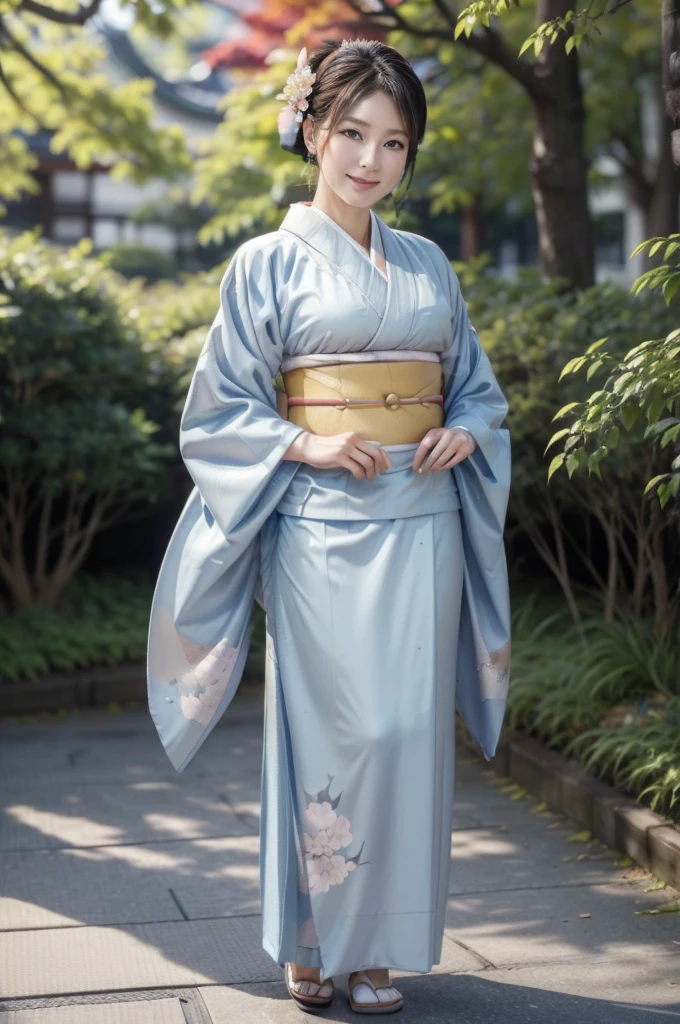 (masterpiece, highest quality, Realistic, High resolution, photograph, :1.3), Sharp focus, 1 Cute Japanese  woman, 40 years old, Hot Model, gentle face, Highly detailed eyes and pupils, Realistic Skin, ((Voluptuous body)), Neckline, Highly detailed hair, Delicate face, Sensual look, Bright lips, Chubby lips, Natural Lip, big thick thighs, ((kimono:1.5)), ((full body)), ((whole body shot:1.5)), looking at viewer, smile, ((from below)), (((Trendy hairstyles:1.2))), ((hair ornament:1.2)), autumn setting, autumn trees and leaves