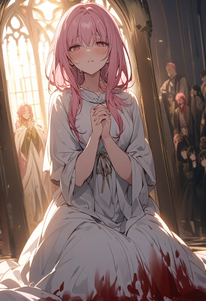 A scene from a movie、Put the whole person in the frame、A fallen girl covered in blood、A pink-haired woman prays nearby.,、Light of Atonement、Afterglow of Repentance、Possibility of becoming a saint、