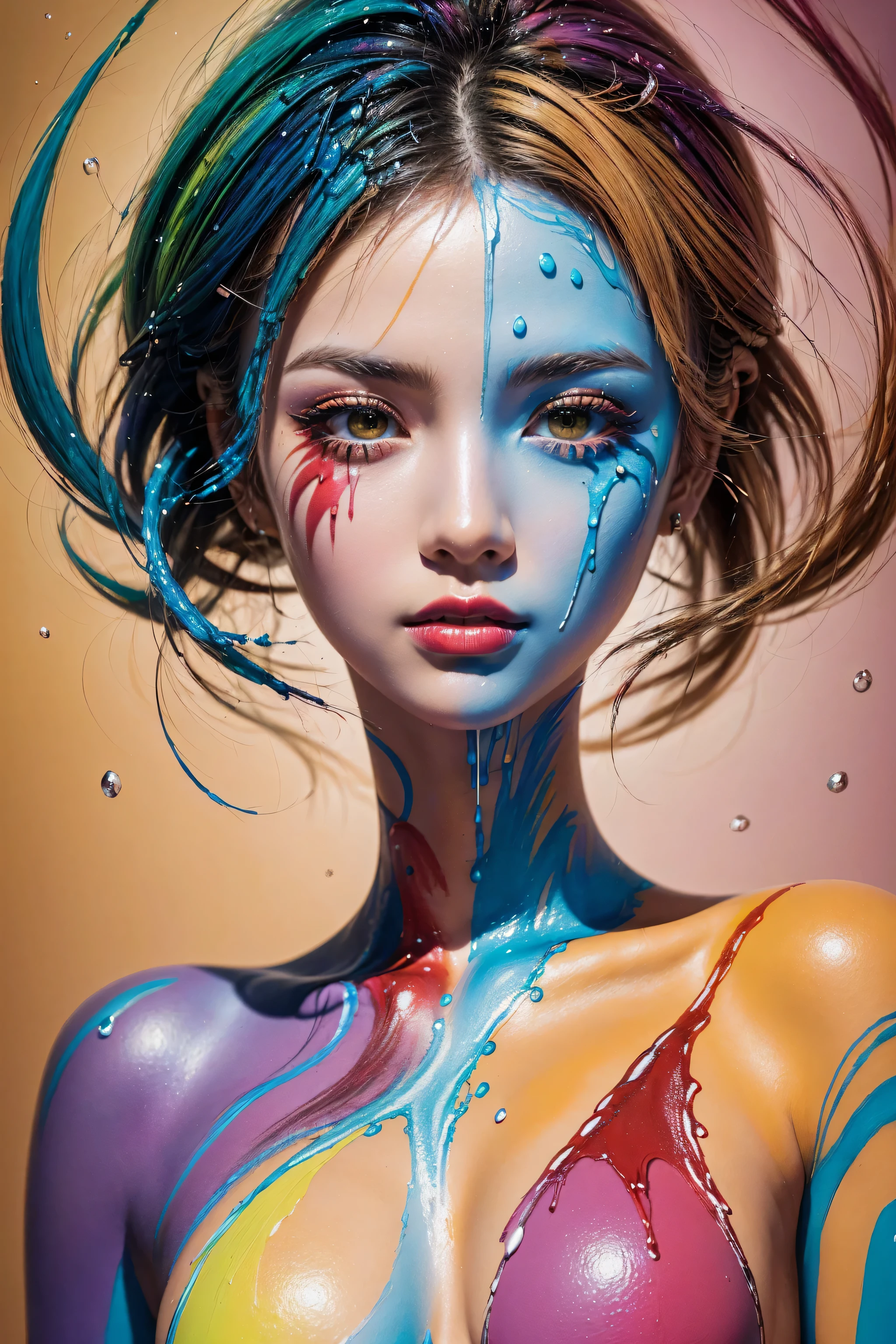 (absurd quality,high-res,masterpiece),(realism,photorealistic), (body painting art, multiple colors, (splash screen, fluid paints:1.33)), (in a bright and colorful world:1.3),