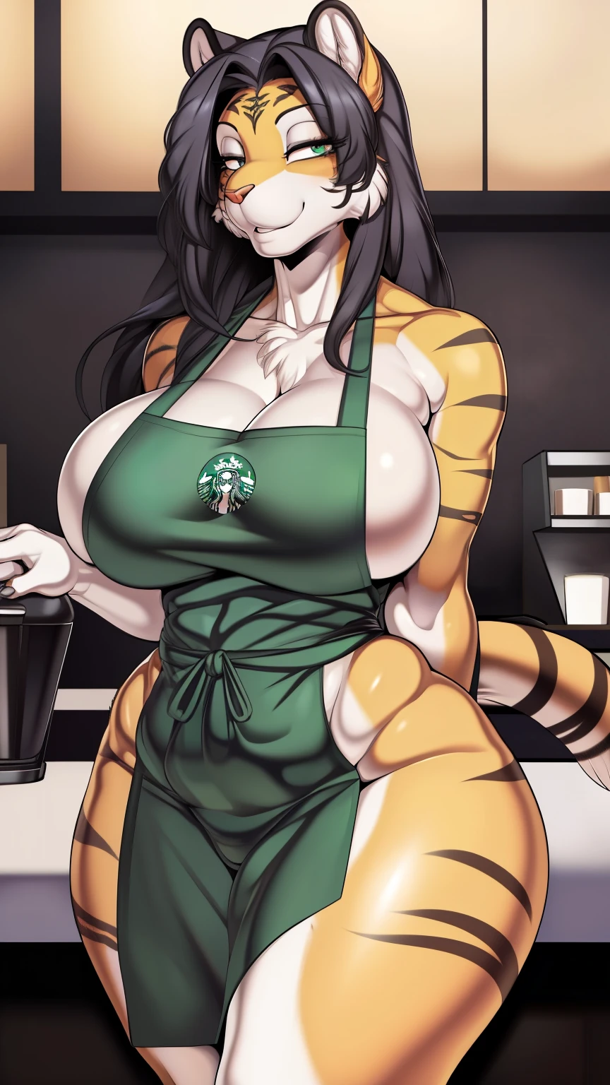 (anthro)) tiger, by cervina_7, Best Quality, masterpiece,, Illustration, Wallpaper,1girl in, Solo, black hair, puffy luscious hair, Beautiful detailed girl, extremely detailed eye and face, Beautiful detailed eyes, NSFW, Looking at Viewer, smug, smile, Thick_thighs, big ass, tall, hourglass figure, fit body, dommy mommy, female, cute, working in Starbuck, casher, barista, Starbucks apron, large breasts, natural breasts, tail, tall, happy expresion, wide hips thin waist, 8k