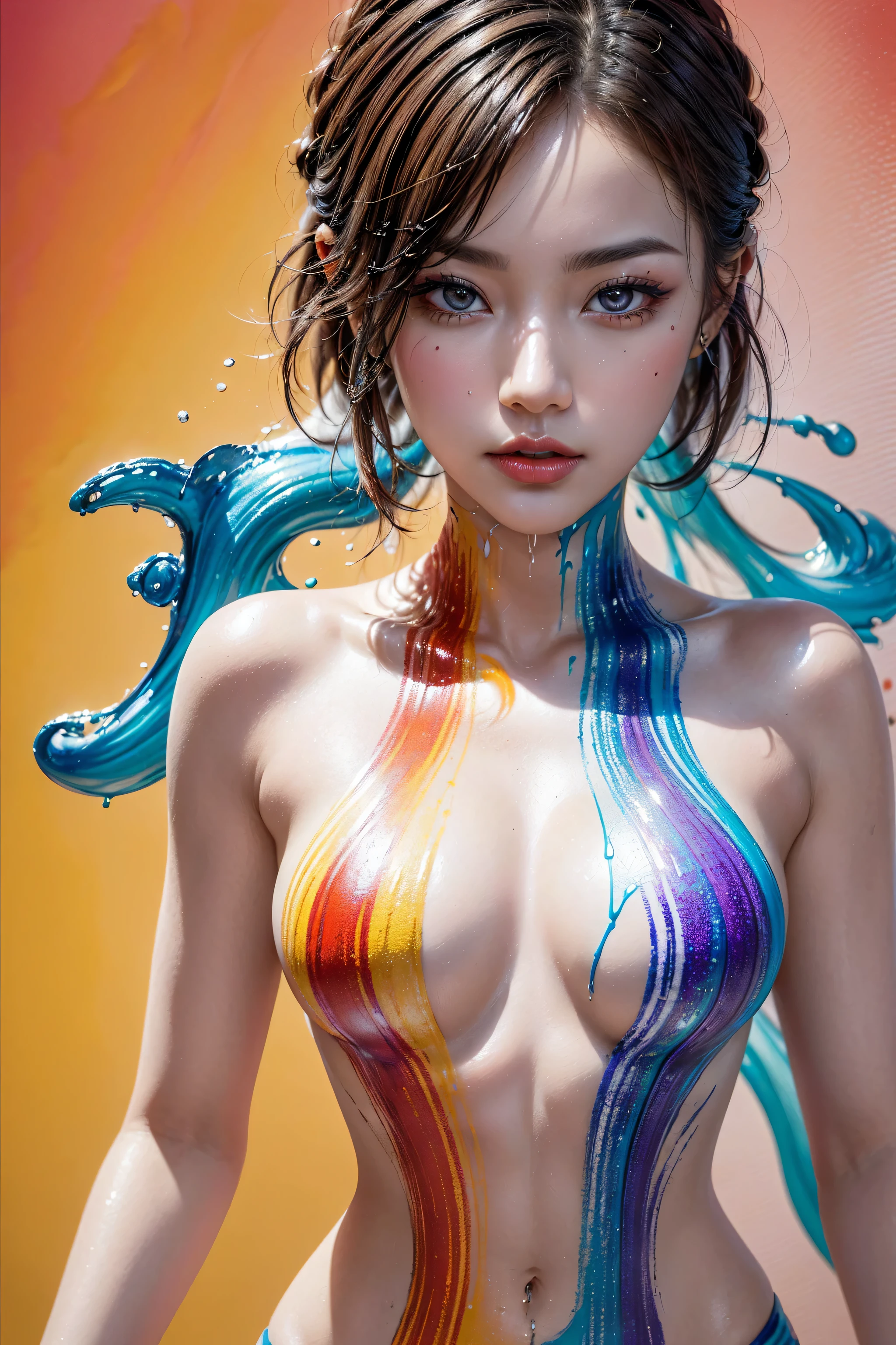 (absurd quality,high-res,masterpiece),(realism,photorealistic), (body painting art, multiple colors, (splash screen, fluid paints:1.33), intricately detailed), (in a bright and colorful world:1.3),