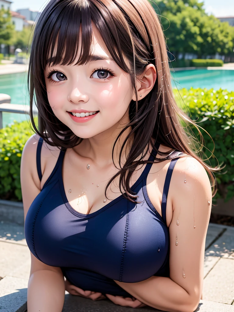 (best quality, detailed), ((cute)),((****)), 1girl, (big breasts),outdoor, smiling,pay attention to the chest, orgasm,(navy blue school swimsuit),(realistic),student,wet,baby face,wet,足を広げる