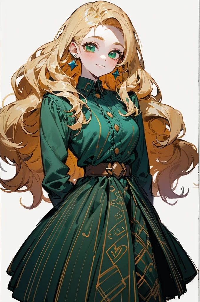 1girl, Single, Standing, Live female, Very detailed, Vibrant colours, Composite lighting, Professional shadowing, (White background:1.5), (Blank background:1.5) , Sharp and clear image, high quality materials, Completely organized, Natural proportions, thin, He smiles, Pale skin, (Blonde hair), (curly hair), long hair, green eyes, Earrings, jewelry, Having sex, cowgirl position