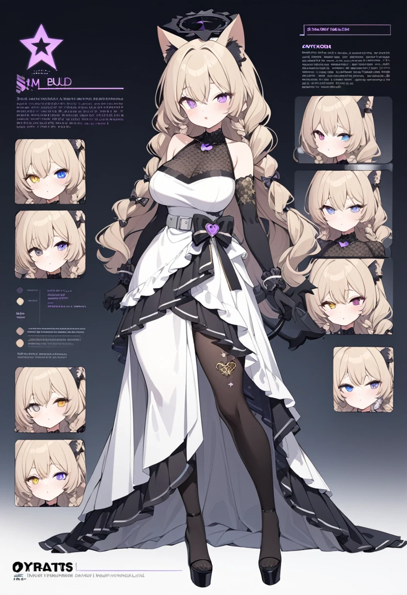 1 tall girl, Dark blonde long hair, slim build, wavy hair with knee length curls, small face, sectoral heterochromia (one gray eye and one purple eye), star ribbon on the right side of the hair, She has a short double braid on the left and right side of her head..... , extremely detailed face, Beautiful detailed eyes, beautiful detailed lips. short height 180cm, adorable, extremely detailed legs, (Best Quality, 4k, 8k, high resolution, Masterpiece: 1.2), ultra detailed, Exquisite and epic character art..., Amazing modern character trending theme..., character design (Character Reference Sheet: 1.10, Full body front and rear angle..), Black long stockings with elegant gear pattern..., Black platform heels, Elegant One Piece Ruffle Long Dress., black shoulder length gloves with gold star patterns, light gray belt over the dress, black necklace with heart emblem on the neck. Black serval ears on head..., It has a succubus tail that ends in a star shape..... Wide hips. Wears a black halo with purple star patterns.. big breast size