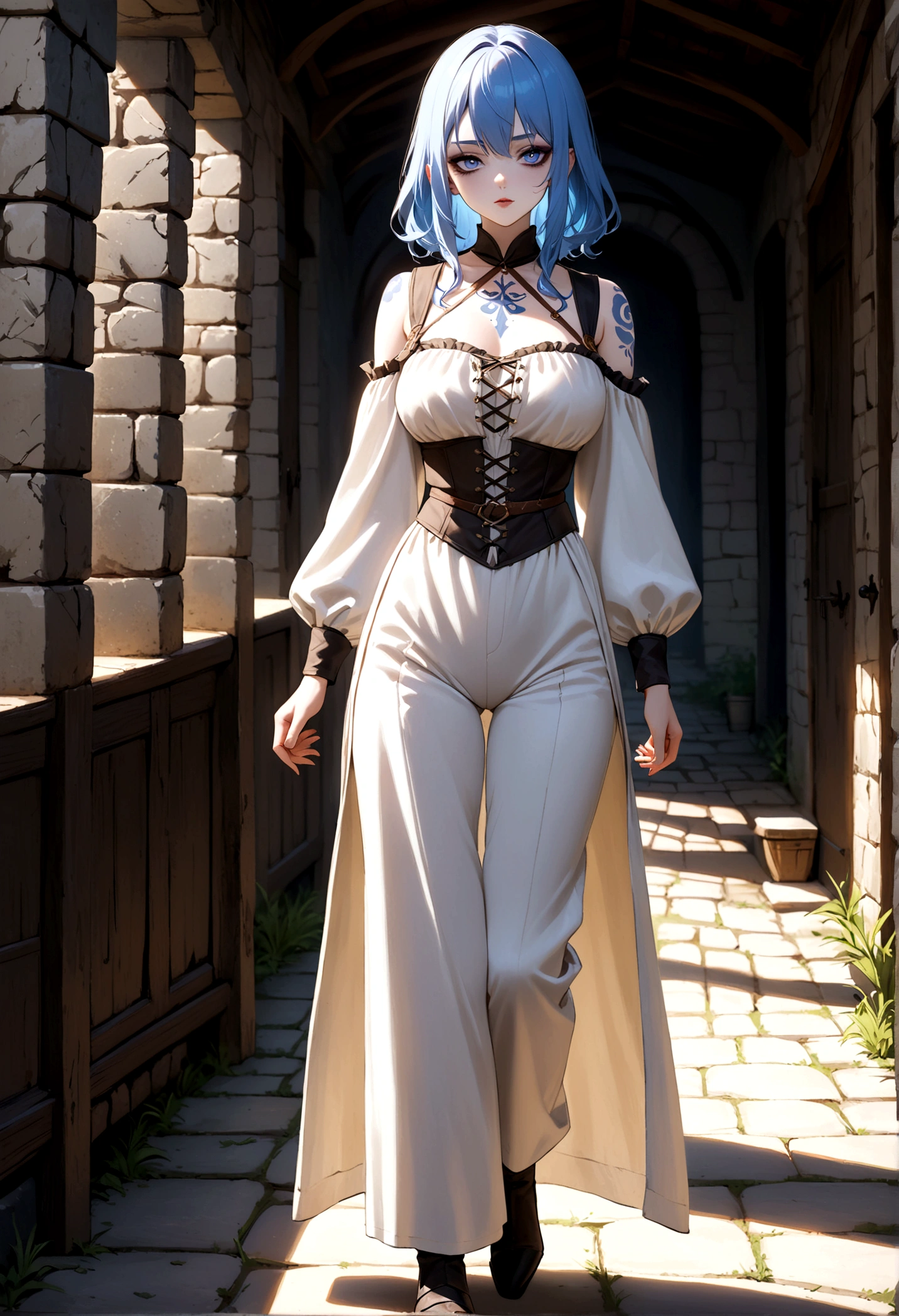 (masterpiece, Best quality, 32 thousand.), (((facing the viewer, full height))), ((full body)), ((age man)) with blue hair , ((Blue eyes)), ((Tattoo under eyes)), ((Beautiful face, sultry face, mischievous face, fine features, sexy face)), ((pale skin, Smooth skin, perfect skin)), ((medieval classic costume, fantasy outfit)), ( White pants )