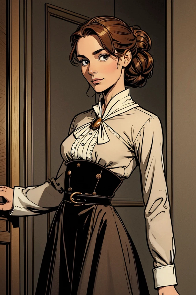 ((best quality)), ((masterpiece)), (detailed), perfect face
1 woman, chestnut hair, hazel eyes, middle-parted hair, low chignon, black snood, gray wool dress, high collar, long sleeves, cameo brooch, modest attire, simple style, clear complexion, soft smile, graceful movements, observant gaze, lithe figure, unadorned appearance, refined taste, humble circumstances.