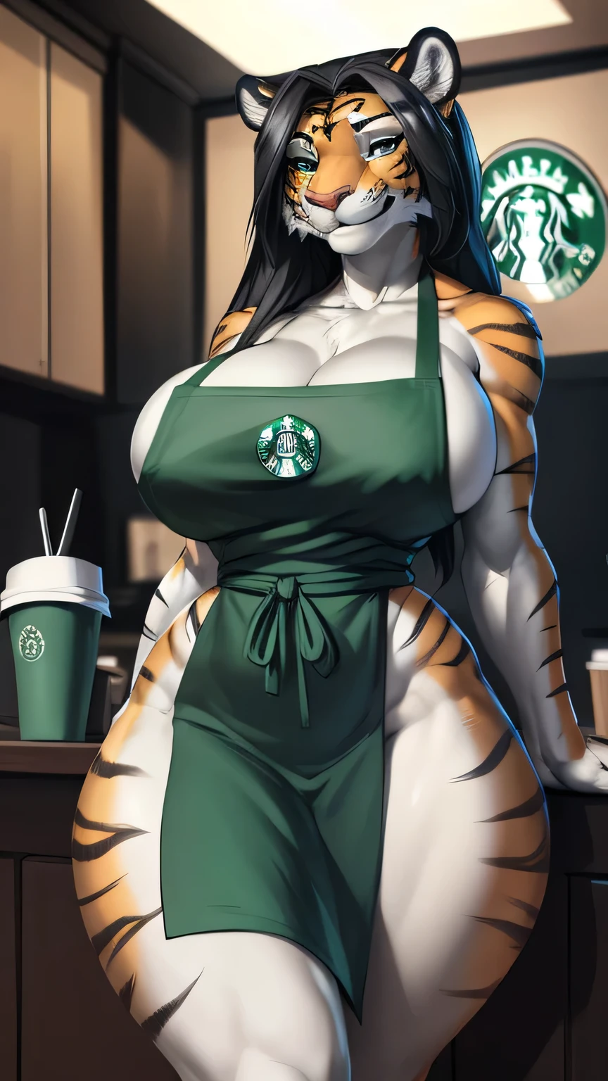 (anthro)) tiger, Ross Tran, by ruan jia, by zaush, by foxovh, by cutesexyrobutts, by cervina_7, by sligarthetiger Best Quality, masterpiece,, Illustration, Wallpaper,1girl in, Solo, black hair, puffy luscious hair, Beautiful detailed girl, extremely detailed eye and face, Beautiful detailed eyes, natural_Lighting, NSFW, Looking at Viewer, smug, smile, Thick_thighs, big ass, tall, hourglass figure, fit body, dommy mommy, female, cute, working in Starbuck, casher, barista, Starbucks apron, large breasts, natural breasts, tail, tall, happy expresion, wide hips thin waist, 8k