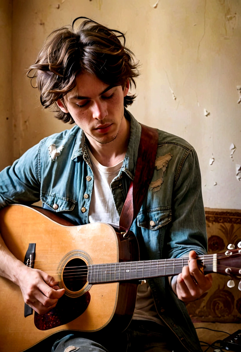 A young man was playing an acoustic guitar in a room that looked unkempt and messy, he was using large airpones in his ears