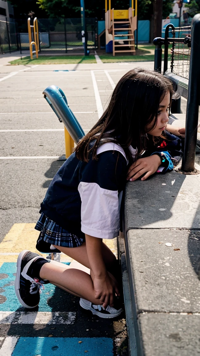 Voyeur view of a sittin tween girl on the playground