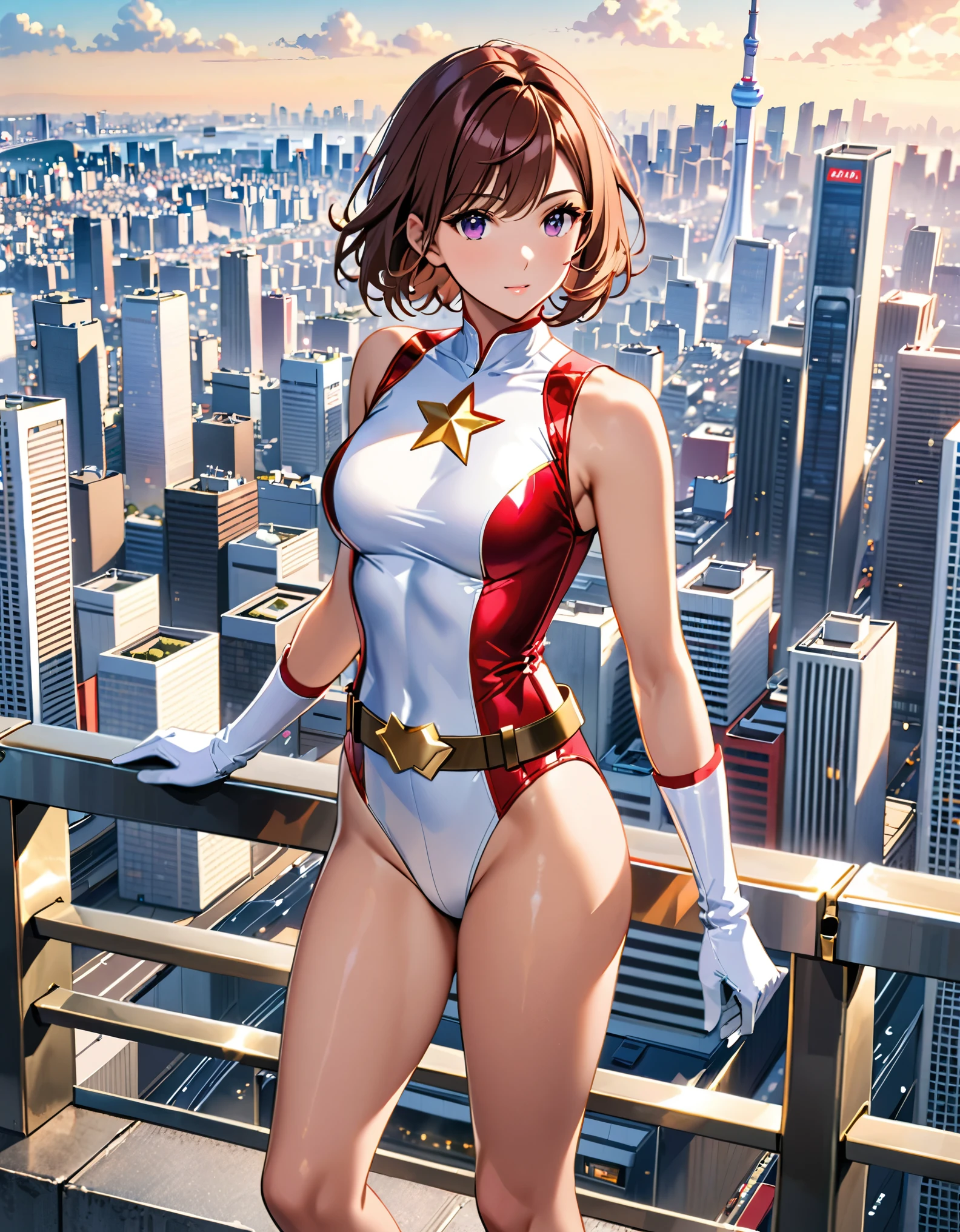 (masterpiece), (best quality), (high res), medium breasts, ((leotard, white and red leotard, matching leotard, sleeveless, bare legs)), ((tight belt, gold belt)), ((boots, matching boots, ankle-high boots, white boots)), ((gloves, white gloves)), city backdrop, tokyo city backdrop, solo, solo focus, standing, (full body), cowboy shot, superhero, ((beautiful detailed eyes)), ((gold star symbol on chest)), (brown hair, medium hair, bob hair, purple eyes), (perfect hands, perfect anatomy), cowboy shot, superhero, ((beautiful detailed eyes)), full body costume design.
