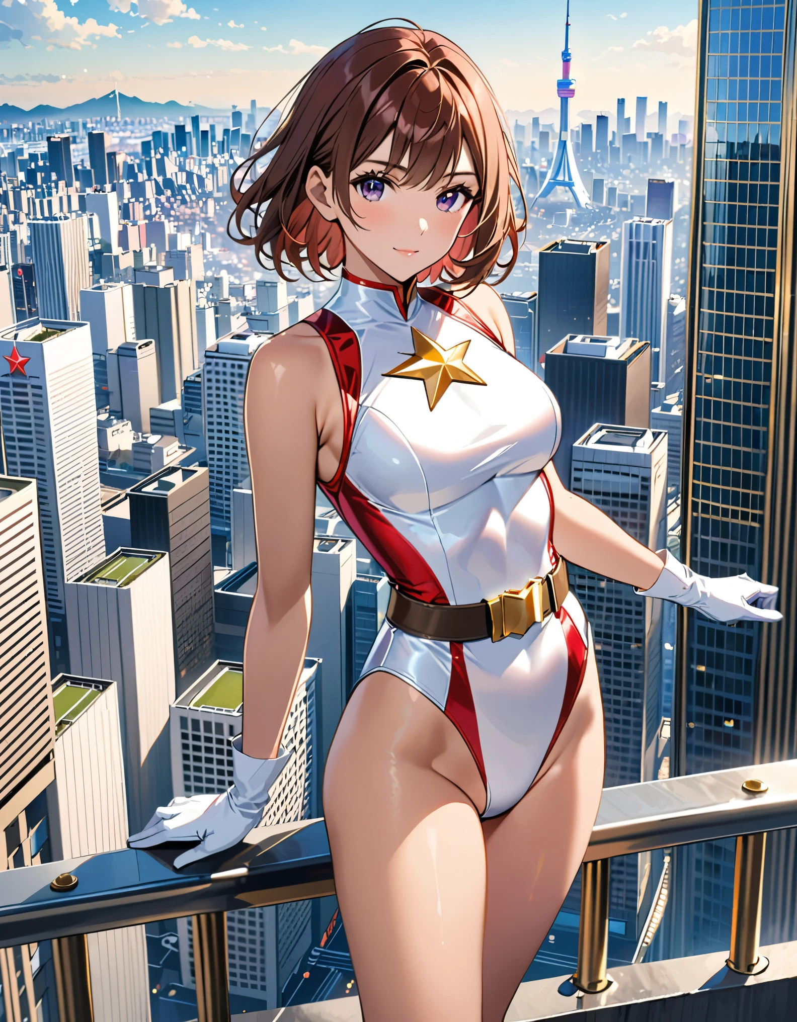 (masterpiece), (best quality), (high res), medium breasts, ((leotard, white and red leotard, matching leotard, sleeveless, bare legs)), ((tight belt, gold belt)), ((boots, matching boots, ankle-high boots, white boots)), ((gloves, white gloves)), city backdrop, tokyo city backdrop, solo, solo focus, standing, (full body), cowboy shot, superhero, ((beautiful detailed eyes)), ((gold star symbol on chest)), (brown hair, medium hair, bob hair, purple eyes), (perfect hands, perfect anatomy), cowboy shot, superhero, ((beautiful detailed eyes)), (one hand on hip), full body costume design.