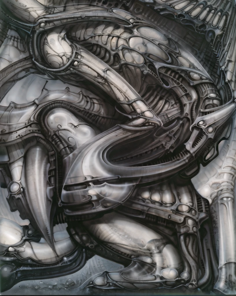 g1g3r, The image is a detailed view of H.R. Giger's \" Biomechanical Landscape No 312 \" plate, featuring a complex network of bones and organs in a purple-brown hue ,swirling gray and brown colors. The artwork is silver and purplish brown, with an ivory bones prominently displayed. The image is highly detailed and intricate, almost like a 3d version of a medical diagram (detailed view of an anatomy model, possibly of a human body, with transparent organs and bones exposed). The piece has a thick mechano-organic texture and is covered in fine details. The image has a swirling, organic quality to it. The artistic manner would be unmistakably Gigeresque. A dark and unsettling beauty would permeate the piece, blurring the lines between fascination and repulsion , forever haunted by the grotesque allure. Giger's signature artistic manner would be evident in every stroke. The airbrush would be wielded with masterful precision to create a hyperrealistic yet nightmarish aesthetic.
 The texture of ivory with signs of burning and fossilization can be seen in the mix of smooth and rough brushstrokes. By Peter mohrbacher, ooze soaked pajama top
