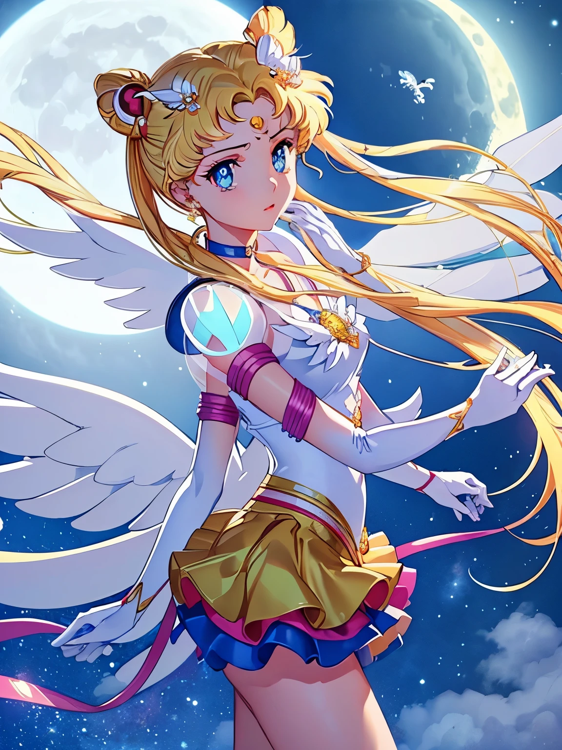 ((masterpiece)), (best quality), official art, very delicate and beautiful, highly detailed CG, Unity 8k wallpaper, super detailed, beautiful fine details, highly detailed face, one girl, Sailor Moon, full body, sailor suit, mini skirt, night sky, detailed face, shiny skin, night sky, moonlight, moon, white gloves, magical girl, fly ring
