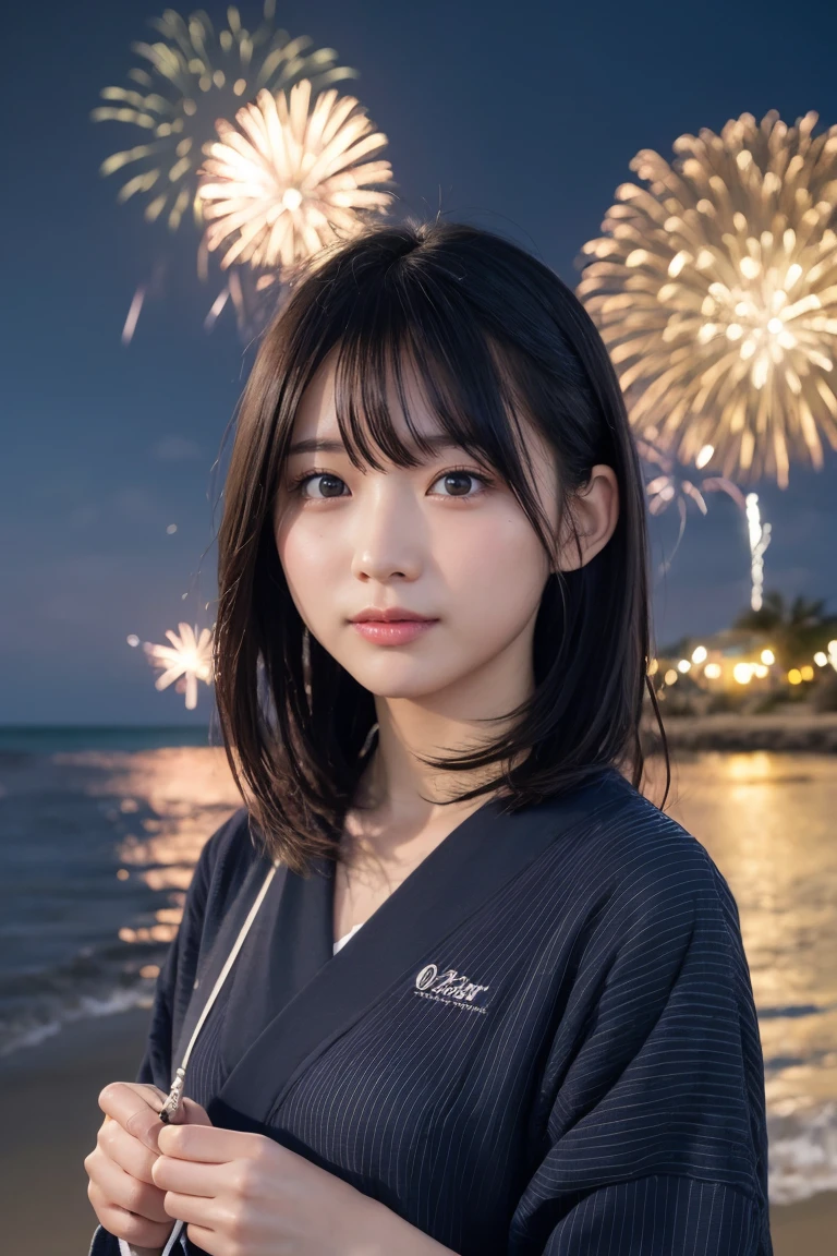 Japanese、Age 25、sister、Randomly generated people with diverse facial features and hairstyles、Perfect Anatomy,Ocean、Beach、firework、Night Sky、打ち上げfirework、目をOceanつぶる