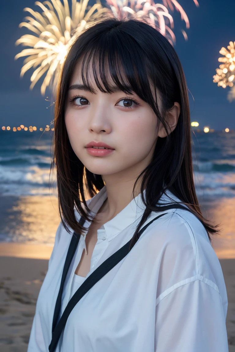 Japanese、Age 25、sister、Randomly generated people with diverse facial features and hairstyles、Perfect Anatomy,Ocean、Beach、firework、Night Sky、打ち上げfirework、目をOceanつぶる