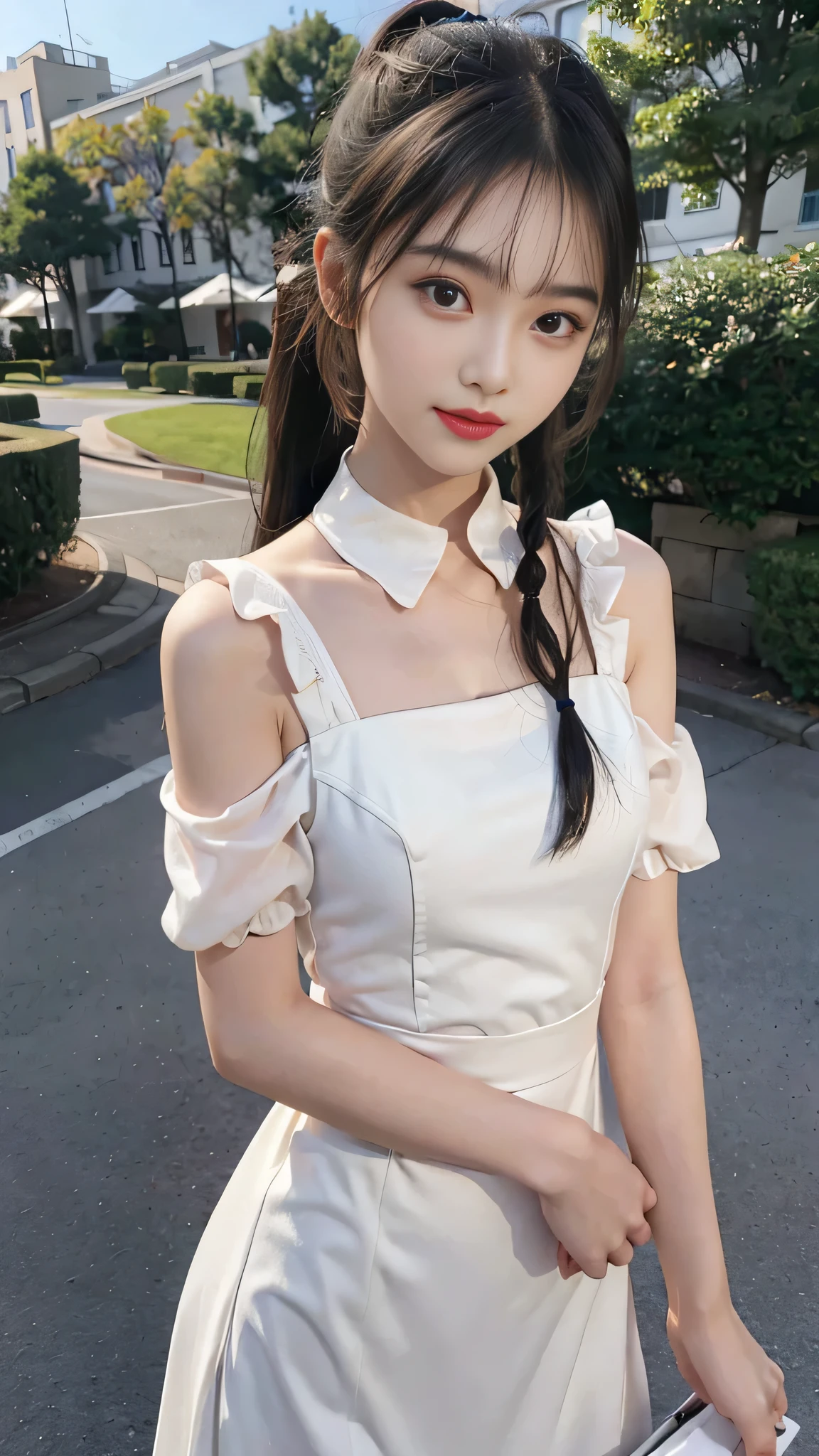 collared dress,european city park,On the lawn,One woman,masutepiece, The highest image quality, High quality, the background is clear,Beautiful woman, Japanese,Ultra-detailed, finely detail, hight resolution, 8K Wallpaper, Perfect dynamic composition, Beautiful detailed eyes , Detailed, Detailed eyes, Detailed skin, Beautiful skin, 超hight resolution, (reality: 1.4),Very beautiful woman, Slightly younger face, Beautiful skin, slender, (Ultra photo realsisim), (hight resolution), (8K), (Very detailed) (beautifully detailed eyes), (super detailed), (Detailed face), view the viewer, Fine details, Detailed face, Staring straight ahead, Staring straight ahead, photos realistic, Bright lighting, Professional Lighting, Black hair,poneyTail,a baby face,sixteen years old,Hairstyle: ponytail,Long ponytail hairstyle,slight smile,neat and tidy clothing,Beautiful Japanese KPOP idol photo, hair style is ponytail, my eyes are double and wide, baby face, smile and look straight ahead, slender, small breasts,Close up face,