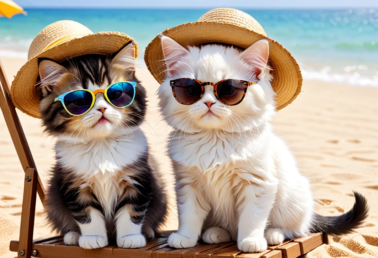 summer、Ocean、Deck chairs on the sand, 複数の美しいかわいい子猫たちがplaying,playing, Persian cat,All kittens have different coat colors,A kitten wearing sunglasses,Cuddling with a kitten wearing a straw hat, The whole situation evokes joy and happiness,Open your mouth and rejoice, Pay attention to your cat's movements, Pay attention to your kitten's emotions of joy, shell, Starfish,Very detailed, Octane Rendering, 3d