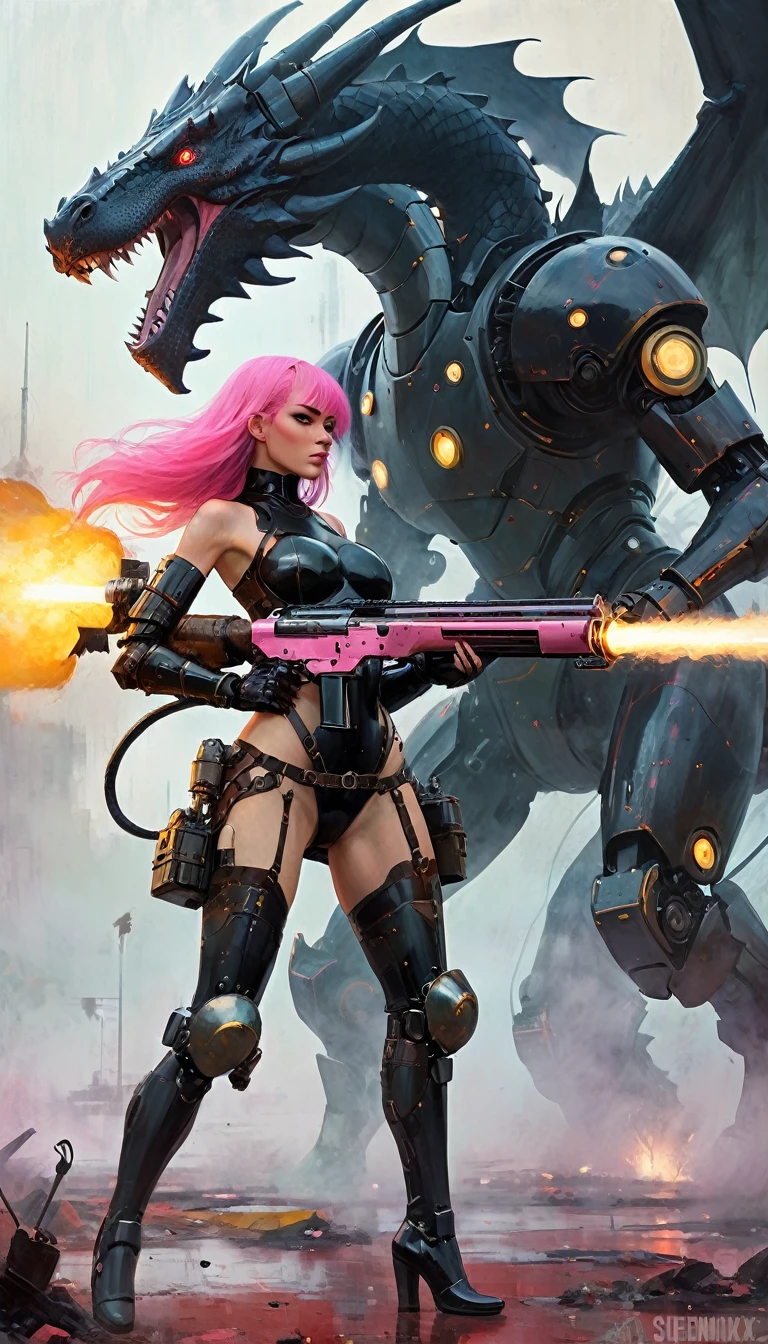 Sexy warrior girl with black steampunk armor, long pink hair, with a big futuristic shotgun, in a battle next to a robotic dragon, fierce battle, dense fog, fire, (simple oil painting in a style to Bill Sienkiewicz)