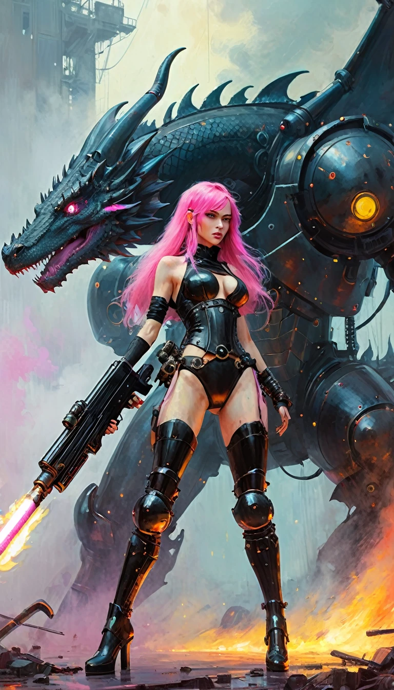 Sexy warrior girl with black steampunk armor, long pink hair, with a big futuristic shotgun, in a battle next to a robotic dragon, fierce battle, dense fog, fire, (simple oil painting in a style to Bill Sienkiewicz)
