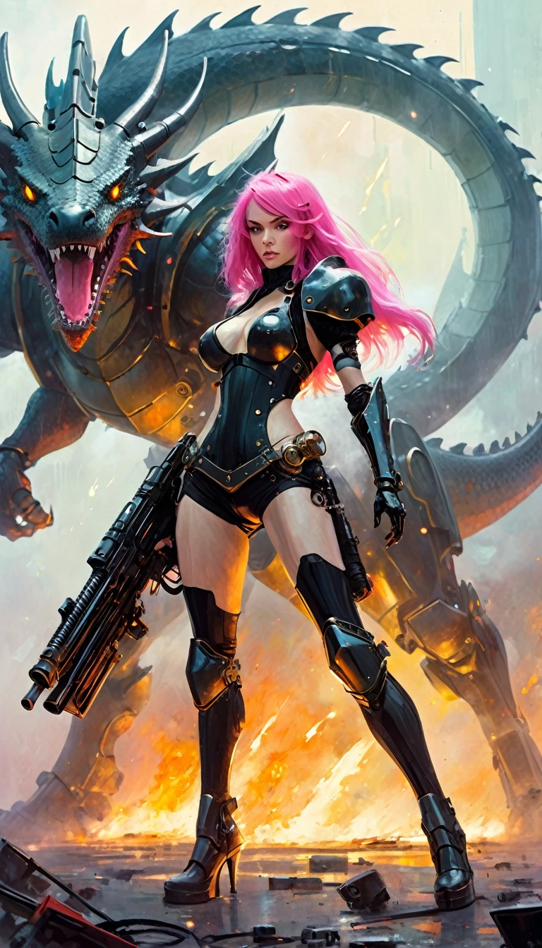 Sexy warrior girl with black steampunk armor, long pink hair, with a big futuristic shotgun, in a battle next to a robotic dragon, fierce battle, dense fog, fire, (simple oil painting in a style to Bill Sienkiewicz)