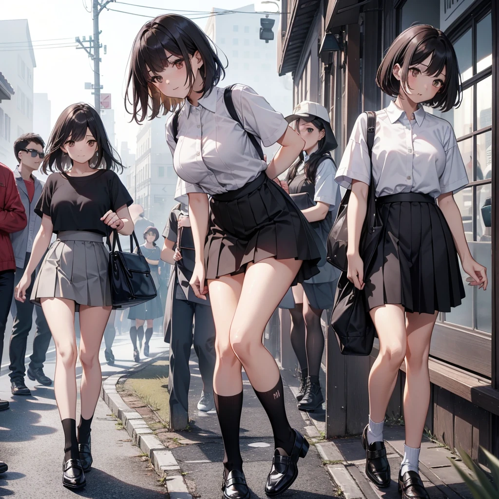​masterpiece, top-quality, The ultra -The high-definition, Top resolution, ighly detailed, profetional lighting, Gray Light Lighting、Low angle from below、Modern old townscape、Blowing steam into the landscape、Fog in the landscape、Foggy、Beautuful Women, a small face、de pele branca、a very cute、、Bright smile、(Black hair、Mashed short)、(Short sleeve cutter shirt in white with open chest)、thin and long legs、Beautiful hip line、Beautiful spine、constricted back、Toned waist、Black underwear、JK Black Skirt 、Tight pleated skirt、Hip line emphasis、Black socks、Brown eyes,The face is a little red, beutiful breastt is an、perfect hand、Shoes are loafers