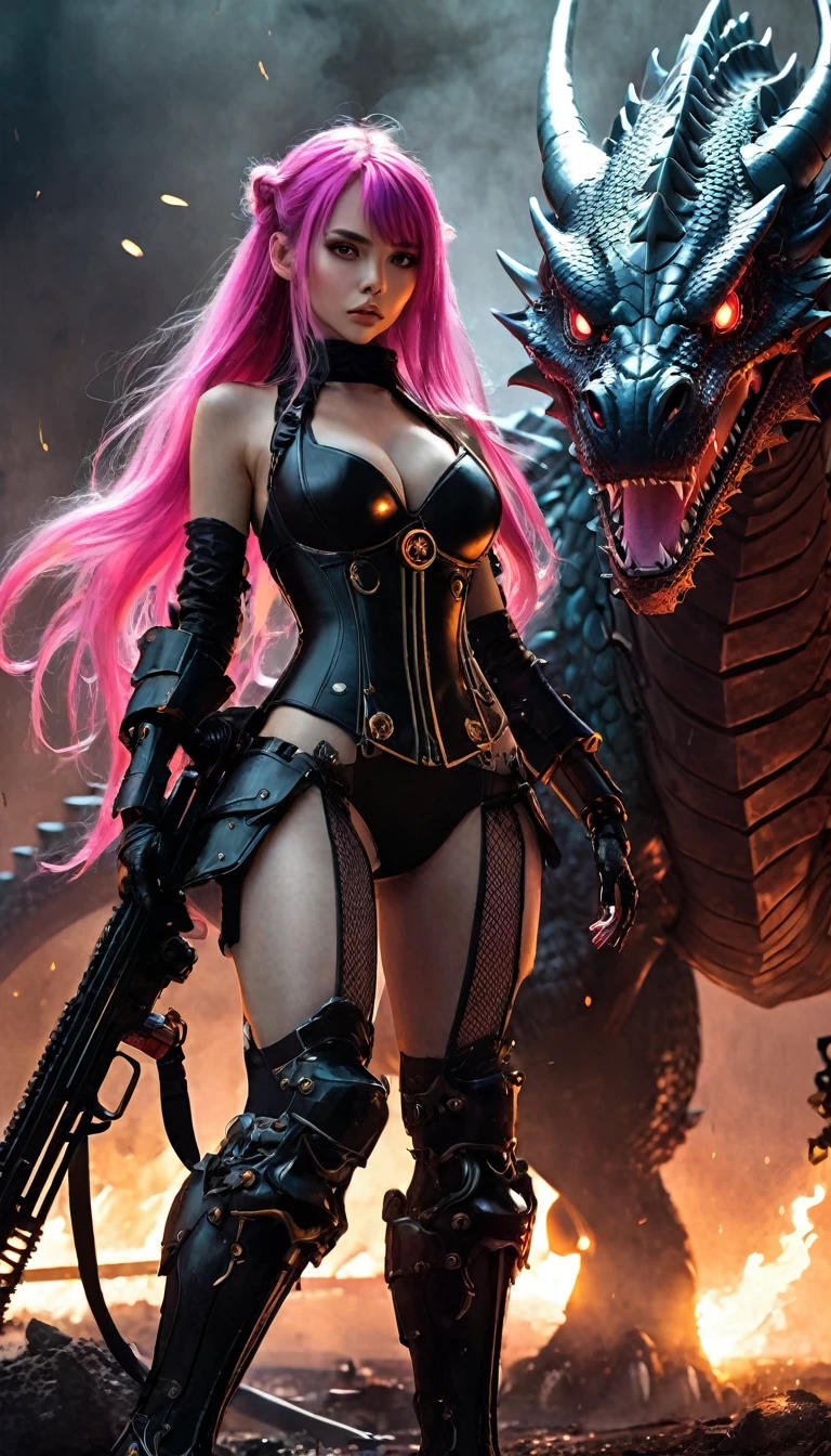 Sexy warrior girl with black steampunk armor, long pink hair, with a big futuristic shotgun, in a battle next to a robotic dragon, fierce battle, dense fog, fire chiaroscuro, sensual, dramatic lighting, moody atmosphere, photorealistic, intricate details, masterpiece, ultra-detailed, high quality, 8k, best quality, realistic, cinematic, dark and brooding, expressionistic, powerful composition, emotional impact, Bill Sienkiewicz inspired art
