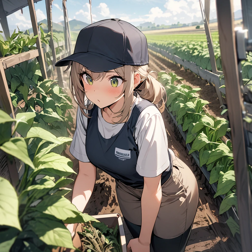 Top quality, masterpiece, girl, growing vegetables, farming, work clothes, hat