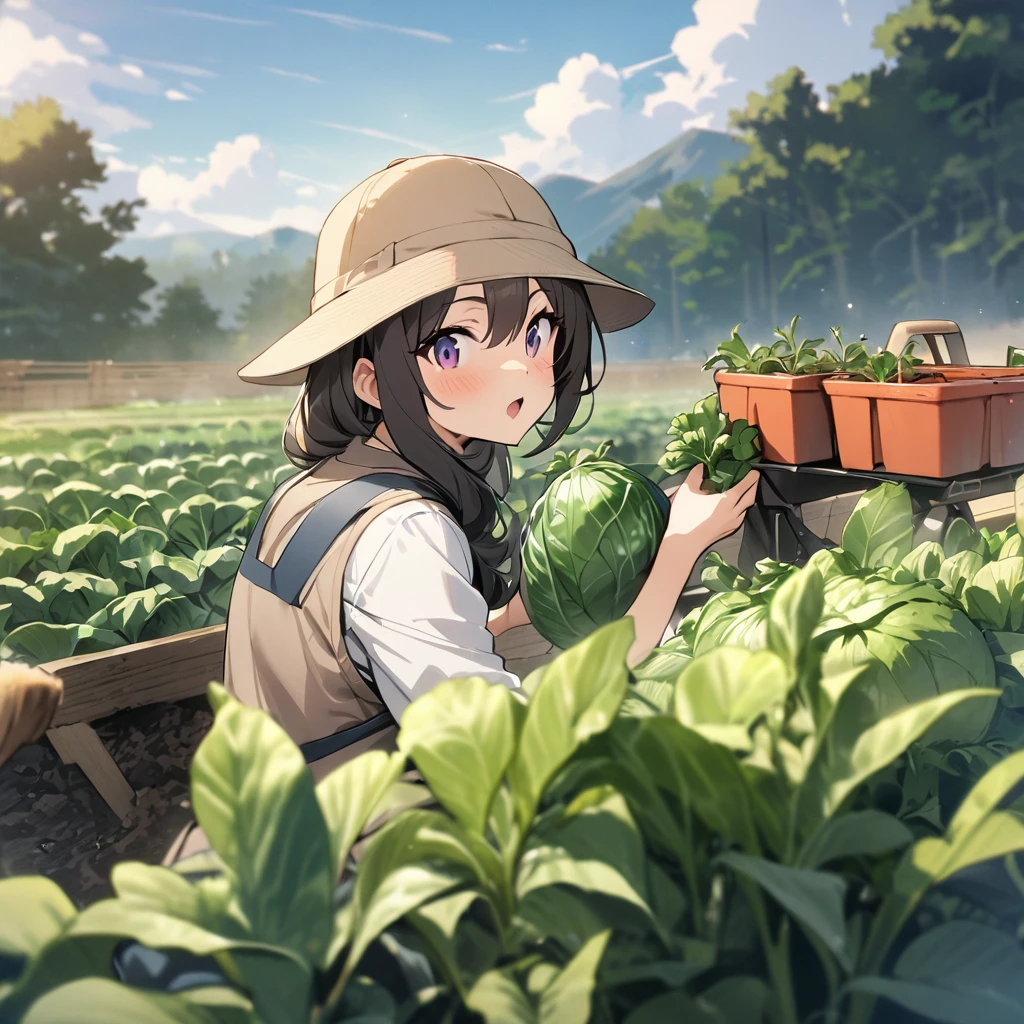 Top quality, masterpiece, girl, growing vegetables, farming, work clothes, hat