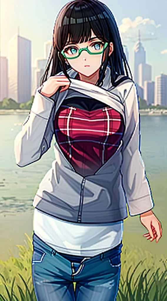 GIRL, (Masterpiece: 1.1), (Best Quality: 1.1), Upper Body Bikini, (White Bikini: 1.1), (Plaid Skirt: 1.1), High Waist Skirt, Blake [Green Grass: Pink, :0.5] Themed, (Urban Background: 1.1), Denim Lenses, Blake Silver, Long, Green Eye, Landscape, Shirt Lift AND Pants Pull Concept, line pussy, pussy