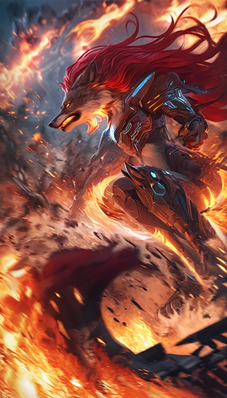 The image captures a fierce, powerful, and mysterious digital art piece featuring a half-human, half-machine hybrid creature, specifically a wolf goddess with flowing, long red hair and matching, flaming claws. The creature's face and body are charged with intense emotion, conveying a sense of power and determination. The background breaks into a blur of chaos and explosions, with debris flying everywhere. The style incorporates elements of modern fantasy and science fiction, brought to life through advanced digital art techniques. The artwork showcases a full-body portrait, displaying the creature in a dynamic and captivating pose.