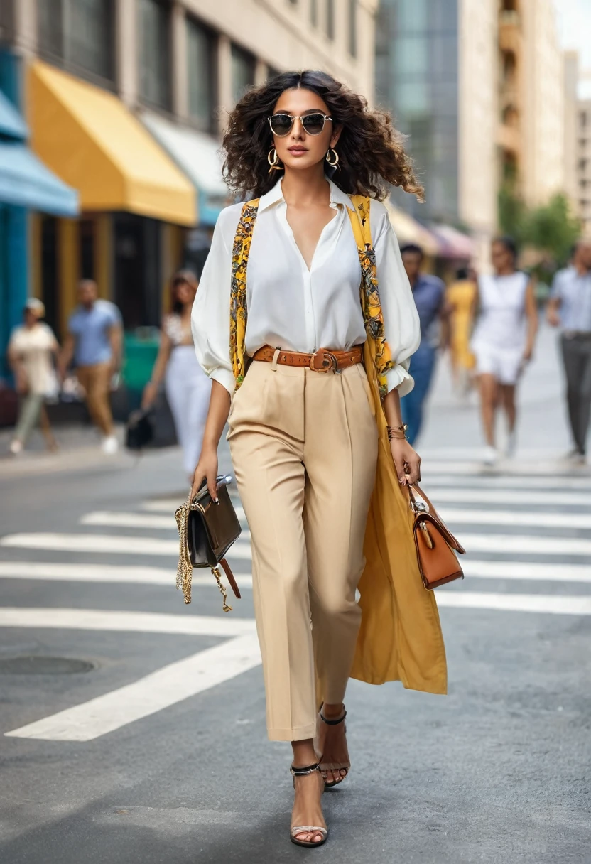 full length ،"A young woman with a summer street style is walking down a busy street. She is wearing a chic outfit complemented by  accessories. The background includes street  and modern buildings, showcasing the energy and charm of the city."