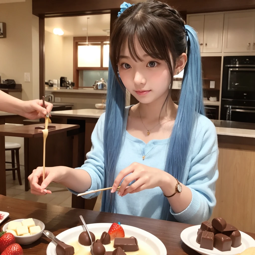 Light blue long hair、Beautiful girl with twin tails、Enjoying chocolate fondue