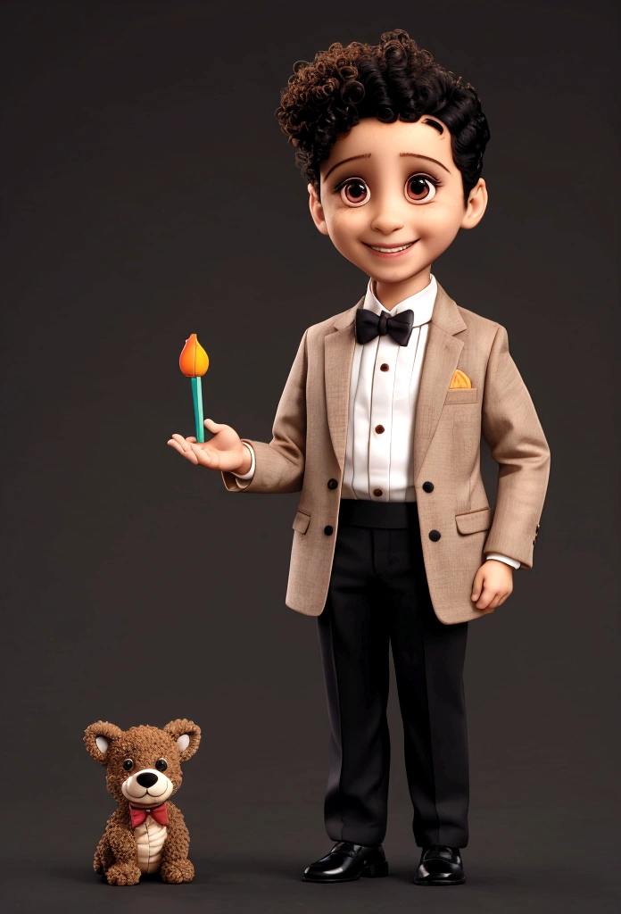 Ravi smiling for photo, standing, many toys, formal outfit, short curly hair, Light brown bun hair
