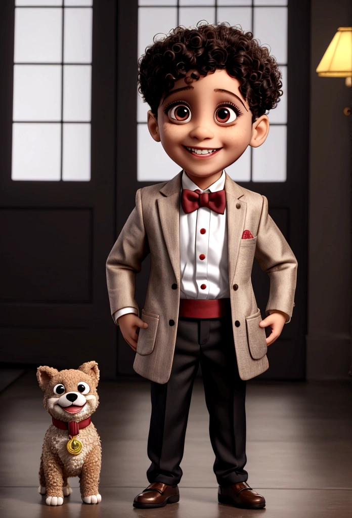 Ravi smiling for photo, standing, many toys, formal outfit, short curly hair, Light brown bun hair