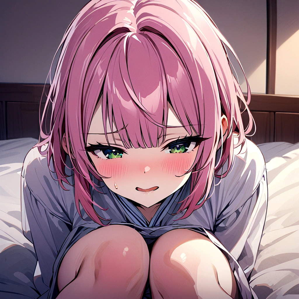 inn、Sit on the bed、Beautiful girl waiting for sex、Flushed face、Pink Hair、Twin Drill