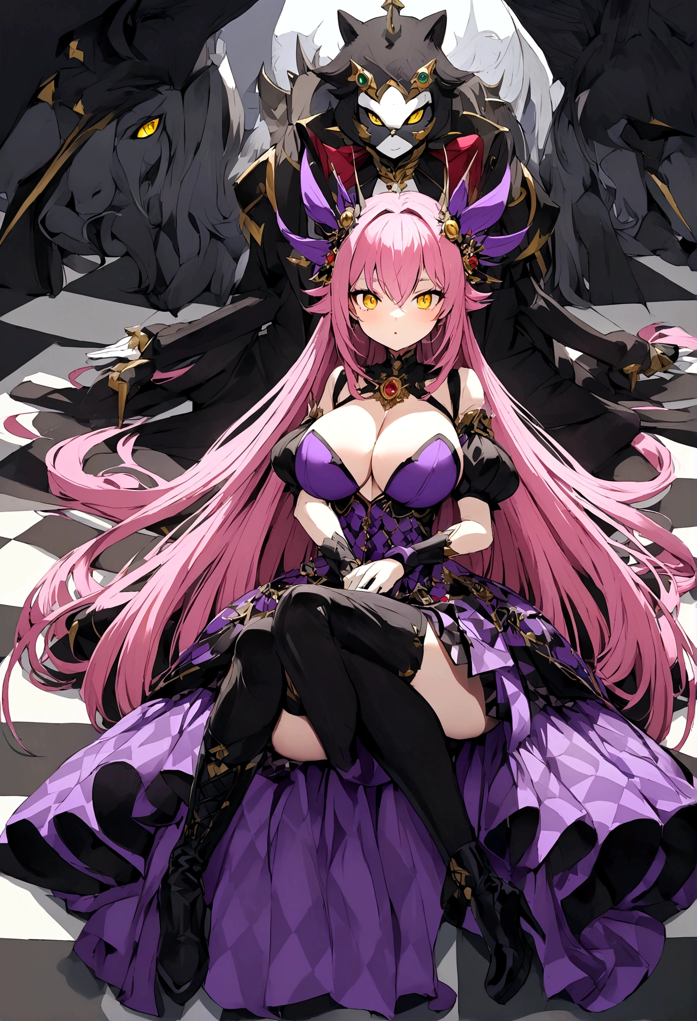 make a girl with pink hair, yellow eyes, purple top that dega "neneefthy", purple and black checkered skirt and black boots, white skinned and with large breasts
