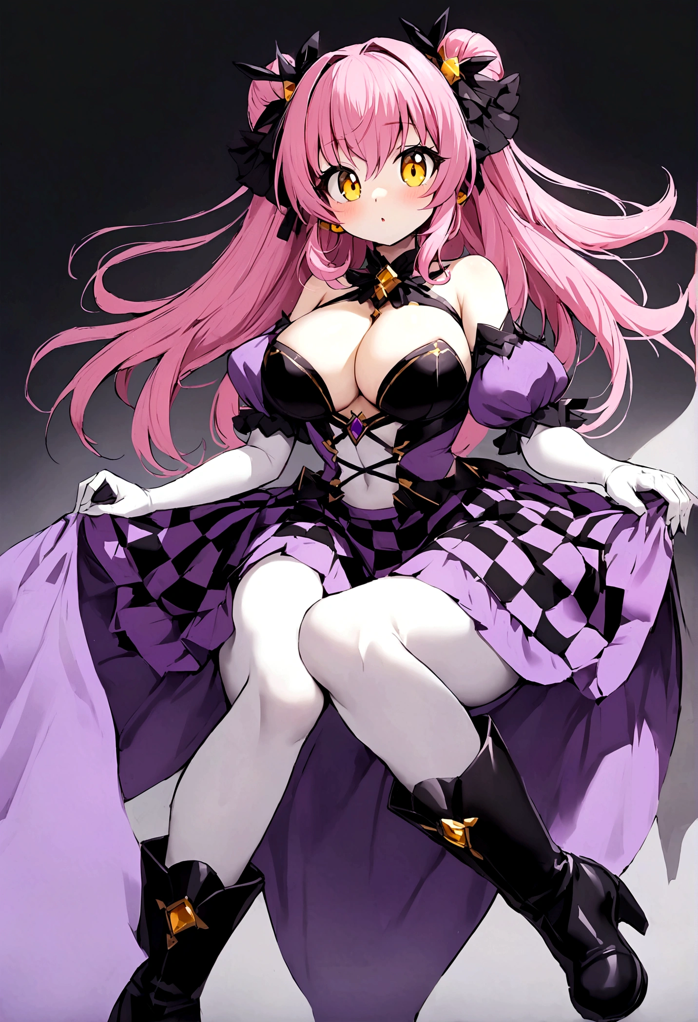 make a girl with pink hair, yellow eyes, purple top that dega "neneefthy", purple and black checkered skirt and black boots, white skinned and with large breasts
