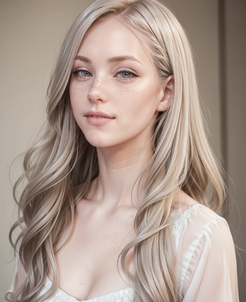 Face of a woman, americana, 23 year old, pale skin and freckles, gray eyes, delicate nose, soft and delicate lips, long wavy gray blondie hair, sweet smile, does not have red hair