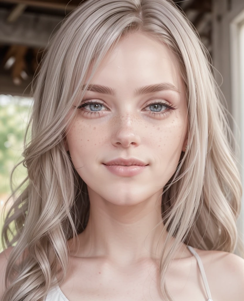 Face of a woman, americana, 23 year old, pale skin and freckles, gray eyes, delicate nose, soft and delicate lips, long wavy gray blondie hair, sweet smile, does not have red hair