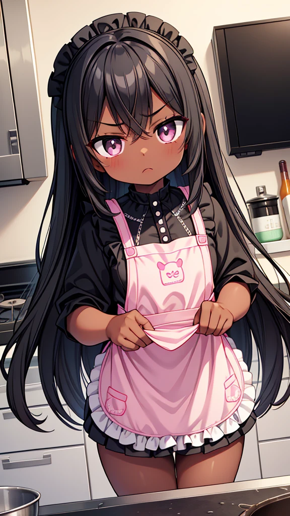 black girl, dark skinned girl, skin black. long hair, black and with fringe. Big black eyes. angry and cute expression, wearing pink lingerie and apron, cooking in a kitchen