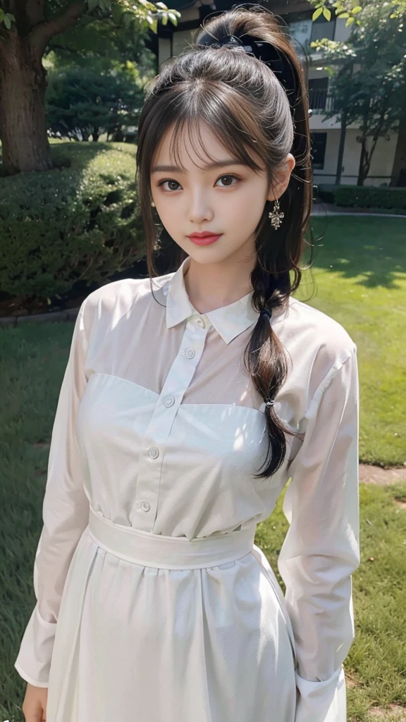 collared dress,european city park,On the lawn,One woman,masutepiece, The highest image quality, High quality, the background is clear,Beautiful woman, Japanese,Ultra-detailed, finely detail, hight resolution, 8K Wallpaper, Perfect dynamic composition, Beautiful detailed eyes , Detailed, Detailed eyes, Detailed skin, Beautiful skin, 超hight resolution, (reality: 1.4),Very beautiful woman, Slightly younger face, Beautiful skin, slender, (Ultra photo realsisim), (hight resolution), (8K), (Very detailed) (beautifully detailed eyes), (super detailed), (Detailed face), view the viewer, Fine details, Detailed face, Staring straight ahead, Staring straight ahead, photos realistic, Bright lighting, Professional Lighting, Black hair,poneyTail,a baby face,sixteen years old,Hairstyle: ponytail,Long ponytail hairstyle,slight smile,neat and tidy clothing,Beautiful Japanese KPOP idol photo, hair style is ponytail, my eyes are double and wide, baby face, smile and look straight ahead, slender, small breasts,Close up face,