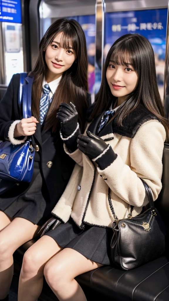 A photo of two mature Japanese high school girls wearing duffle coats with leather shoes and shiny black leather gloves,Heavy makeup face,Ultra-detailed face, eye make up,Profile of a woman with her legs crossed at the entrance to the subway. Ultra Mini Skirt,LOL,School Bags,This photo was taken in daylight with soft lighting..、The girls are sitting on the ground.。. This photo was taken by someone on their cell phone..、Apparently it was posted on Snapchat.。.