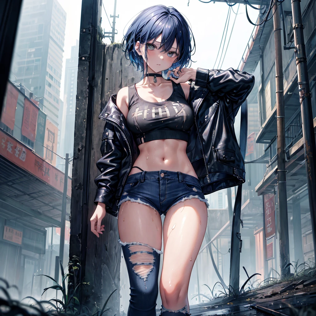 ((Highest quality)), ((masterpiece)), ((detailed)), (4K),1woman, 独奏, crop top, darkblue hair, leather jacket, torn jeans, choker, bracelet, (rain), ((wet)), see through, (expressionless), scowl, (from below), (looking down), looking at viewer, (open legs), wasteland, town