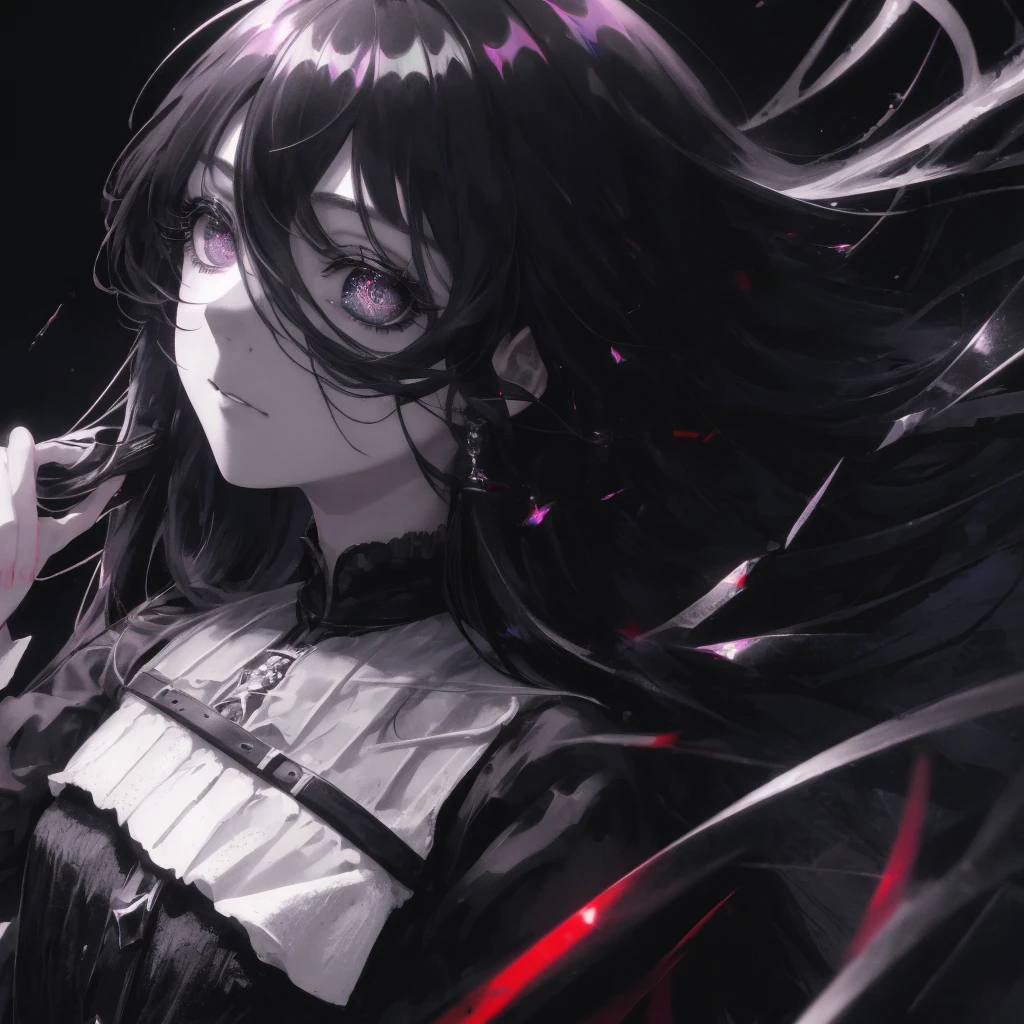 ((masterpiece)), Best quality, Ultra high resolution, extremely detailed, Bright lighting, difficult, psychedelic, surreal, Cinematic lighting, One, Sideways to the camera, high contrast, deafening, emotional, surreal, 1 girl, from the back, Gradient detailed gray-black eyes, Model Figure, long black wavy hair, blood, demonic, fracture, White background, depressive, dark gothic style, Dead Inside, horror, Anime IRL, realistic shadows, fractures, Gloomy atmosphere, Proud Face