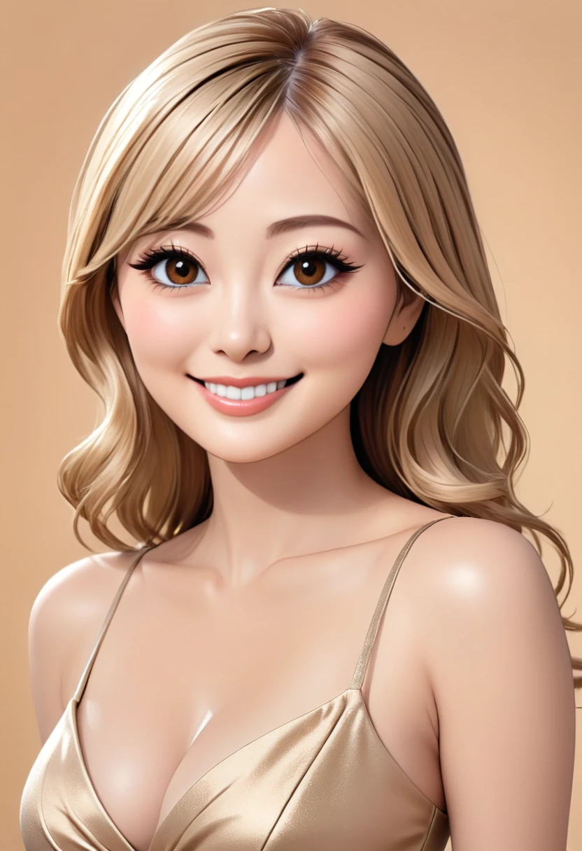 Tabletop, Highest quality, Realistic, Very detailed, finely, High resolution, 8k wallpaper, One beautiful woman,, Gorgeous light golden hair, Wearing a dress, Brown eyes、Sharp focus, Perfect dynamic composition, Beautiful and detailed, Thin Hair, double eyelid、Perfect Makeup、eye shadow、Eyeliner、False eyelashes、Glossy Lips、Detailed Realistic skin texture, smile, Close-up photo with focus on face, Model Body Type,Cleavage